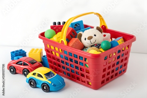 A realistic plastic basket full with colorful toys with white background