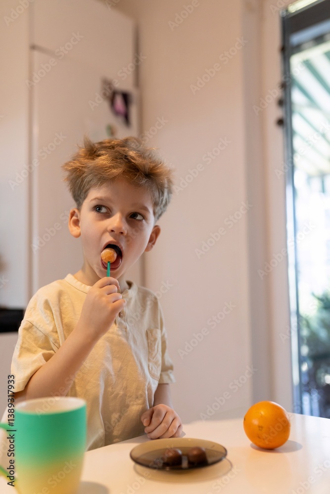 Child enjoys a lollipop while sitting at a kitchen table with an orange in a bright indoor setting during the morning