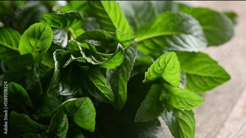 Freshly picked mint, aromatic herbs on the table
