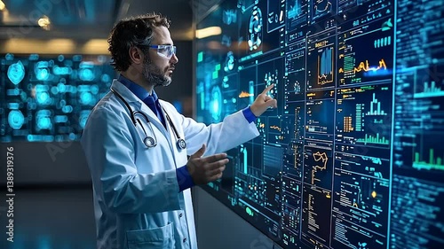Doctor analyzing digital health data on large screen