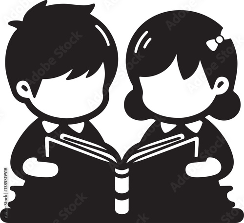 silhouette design of two kids reading book vector art illustration