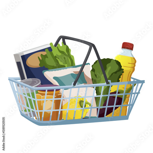 A grocery basket filled with various food items, vegetables, and packaged goods in a flat graphic style on a white background. Concept of shopping. Vector illustration