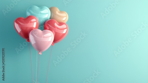 Colorful heart-shaped balloons on pastel blue background. Whimsical design with copy space for romantic or festive messages.