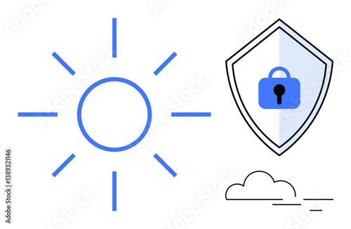 Bright sun with rays, shield with lock in center, and minimalist clouds. Ideal for security, protection, clarity, weather, stability clarity technology concepts. Clean abstract line flat metaphor
