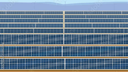 Solar Power Plants, Solar farm with panels on eco landscape. Sun batteries, generator of electricity. Design of web banner about alternative energy, renewable sunlight power.