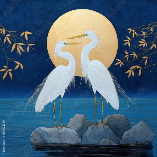 Egrets Under the Moon By Generated AI