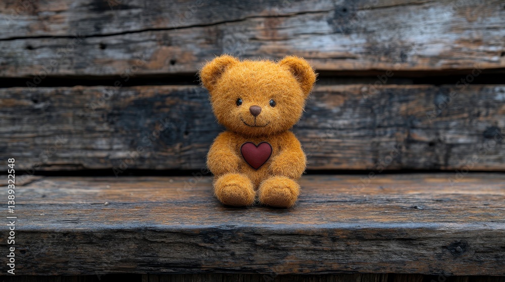 Obraz premium Teddy bear sits on weathered wooden boards, heart symbol on tummy. Soft light