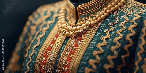 A close-up of an ornate garment featuring intricate patterns and elegant accessories, showcasing traditional craftsmanship and vibrant colors.