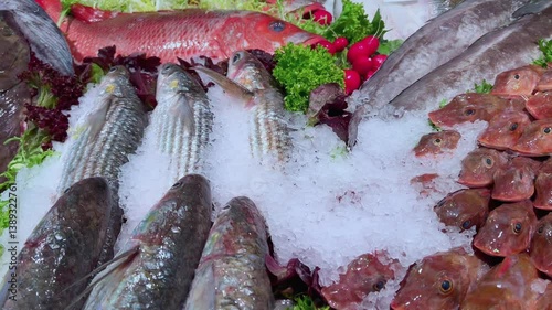 Assortment of seafood with fish heads and radishes on ice in fishery stall market
