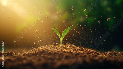 young plant emerges from rich soil, symbolizing growth and renewal in vibrant, sunlit environment