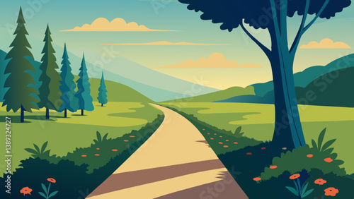 Road Through the Forest with Lush Greenery and Scenic Landscape for Outdoor and Nature Inspired Illustration