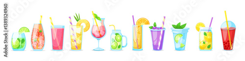 Set of summer cocktails and fruit drinks in different glasses with garnishes on a white background. Refreshing beverage concept. Vector illustration