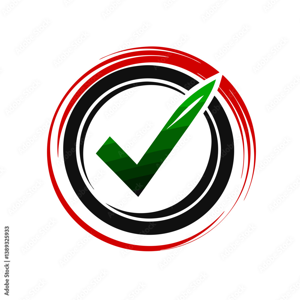Green Check Mark Icon in Circular Red and Black Design Green Check Mark Icon in Circular Red and Black Design