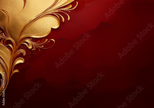 えんじ色背景に金のペイント　植物紋様