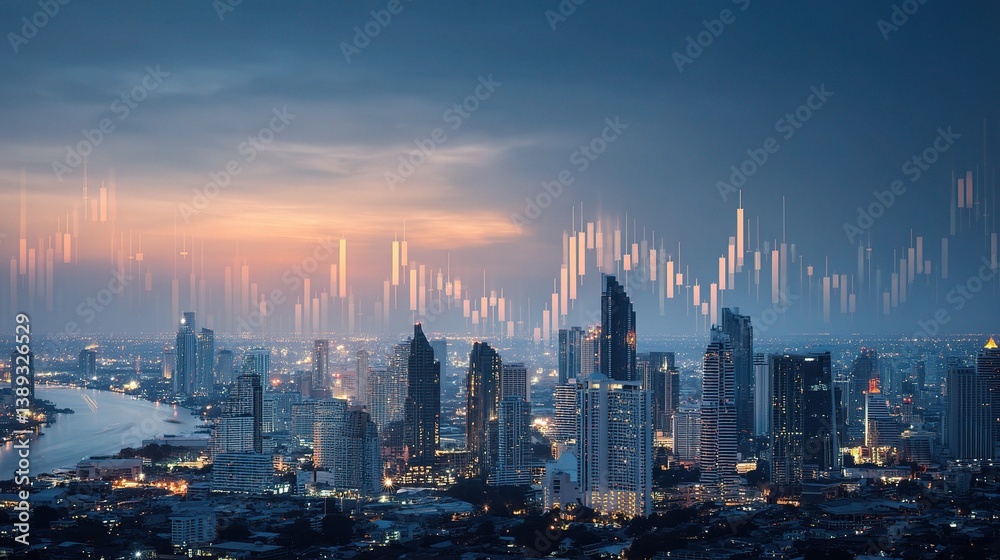 Fototapeta premium Bustling Bangkok Business Skyline at Dusk with Modern Architecture