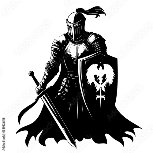 Medieval Knight Logo with Sword and Shield – Black and White Warrior Illustration