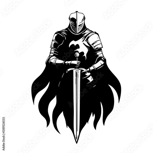 Medieval Knight Logo with Sword and Shield – Black and White Warrior Illustration