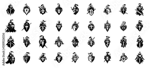 Medieval Knight with Sword and Shield logo pack – Black and White Warrior Illustration