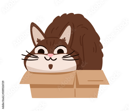 Cute pleased brown cat sitting inside of small cardboard box flat vector illustration isolated on white.