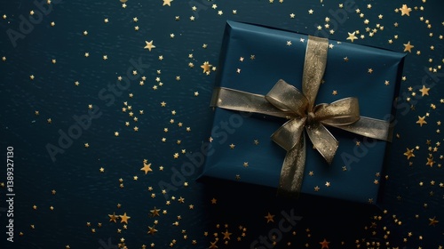 Wallpaper Mural Top view of a dark blue gift box with a gold ribbon, positioned on the right with scattered golden stars on a rich navy background. Torontodigital.ca