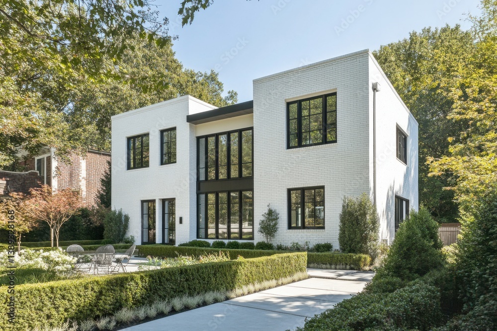 A contemporary white brick home featuring expansive windows, nestled amidst a beautifully landscaped garden and towering trees, all under the warmth of a sunny sky A contemporary white brick home featuring expansive windows, nestled amidst a beautifully landscaped garden and towering trees, all under the warmth of a sunny sky