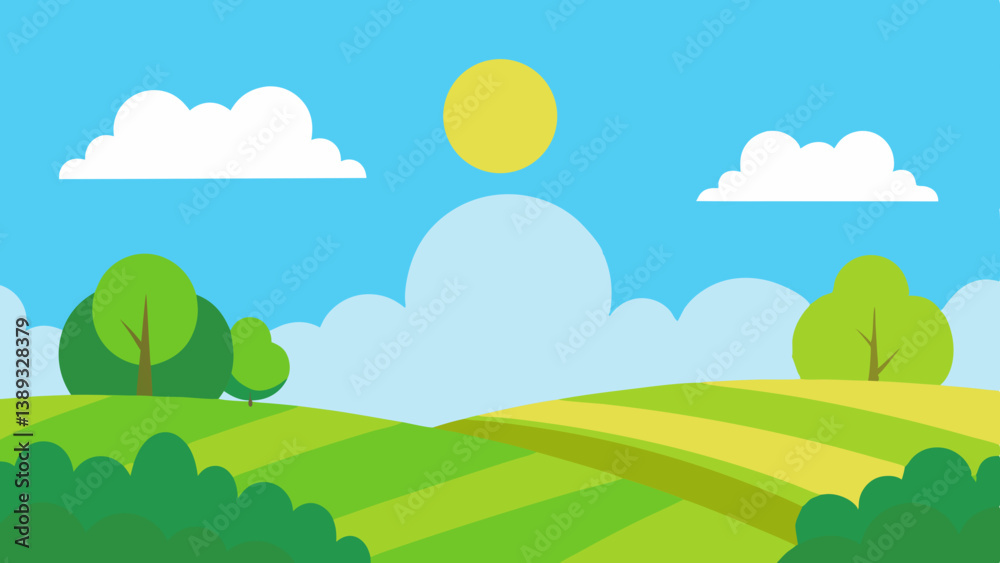 Summer Landscape with Lush Trees and Bright Sun for Peaceful Nature and Outdoor Themed Illustration Summer Landscape with Lush Trees and Bright Sun for Peaceful Nature and Outdoor Themed Illustration
