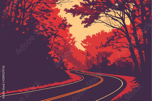 125 Winding forest road, vibrant autumn foliage, red and orange leaves, dark asphalt, yellow road lines, dramatic fall colors, dense woodland, moody atmosphere, saturated hues, curving path, scenic dr