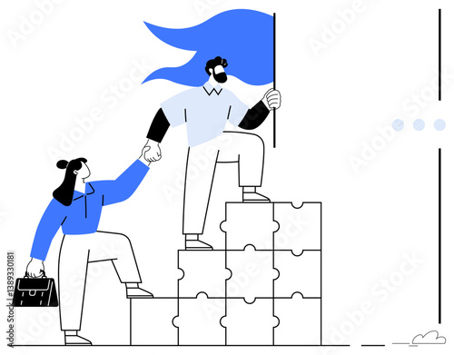 Figures collaborating to climb puzzle-piece stairs, man holding flag representing achievement. Ideal for teamwork, leadership, success, partnership, collaboration, motivation, goal-setting flat