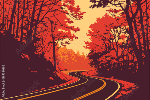 125 Winding forest road, vibrant autumn foliage, red and orange leaves, dark asphalt, yellow road lines, dramatic fall colors, dense woodland, moody atmosphere, saturated hues, curving path, scenic dr