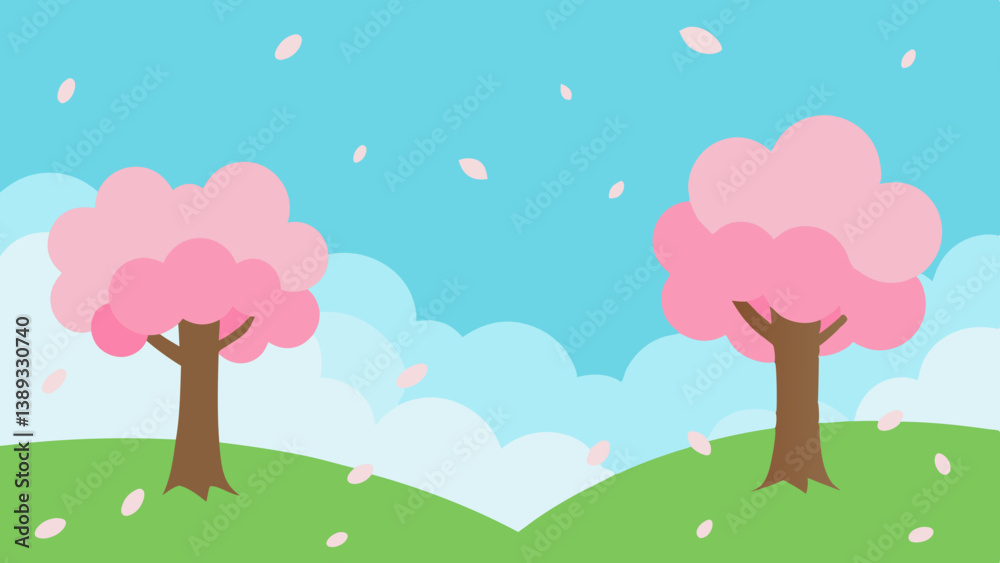 Cherry Blossom Tree by the Roadside Leading to the Forest for Spring and Nature Inspired Illustration Cherry Blossom Tree by the Roadside Leading to the Forest for Spring and Nature Inspired Illustration