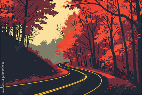 125 Winding forest road, vibrant autumn foliage, red and orange leaves, dark asphalt, yellow road lines, dramatic fall colors, dense woodland, moody atmosphere, saturated hues, curving path, scenic dr