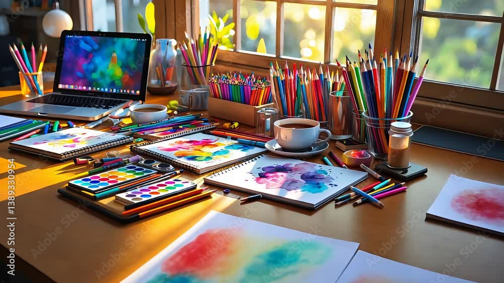 Creative workspace with colorful art supplies, watercolor paintings, laptop, and coffee cup on a wooden desk with natural sunlight

