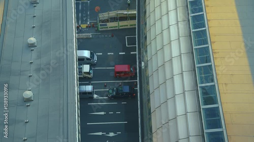 view from building showing traffic under the overpass connecting the buildings at Japan 