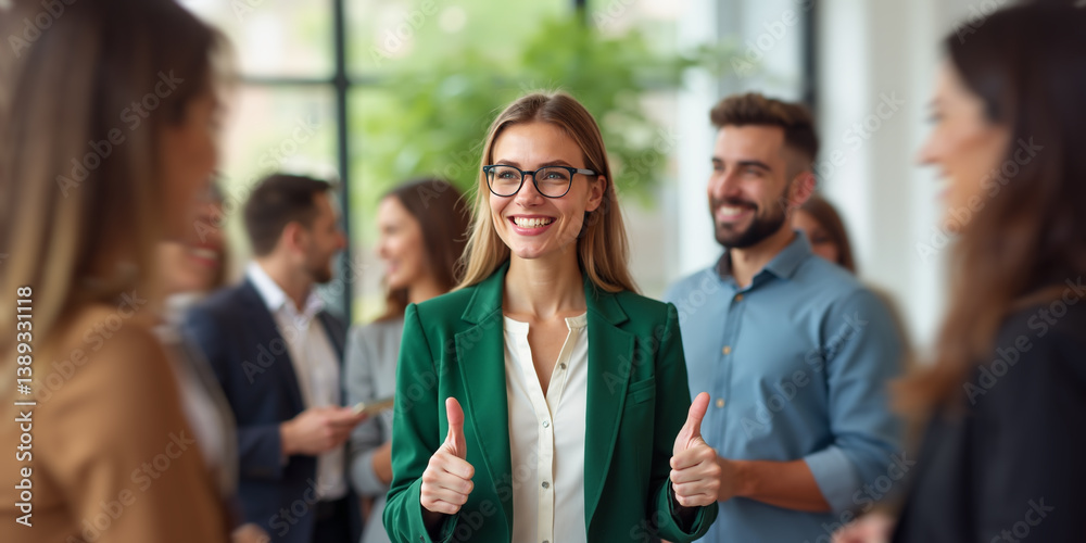 Obraz premium Good young woman thumbs up Happy smiling people engaged. Team work well goals, modern office project growth Excited ideas. Career success event. Bright show space indoors, seminar group meeting attire