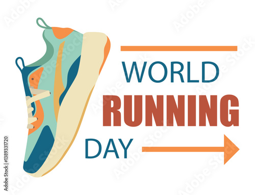 World Running Day Celebration Illustrated with Shoe. Showcasing a colorful running shoe and an arrow pointing right symbolizing motion, highlighting