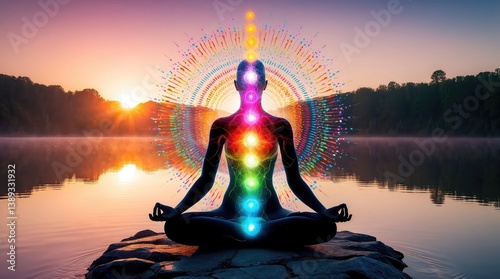 law of attraction visualization vibration manifestation Meditative figure radiating colorful energy by a tranquil lake at sunrise.