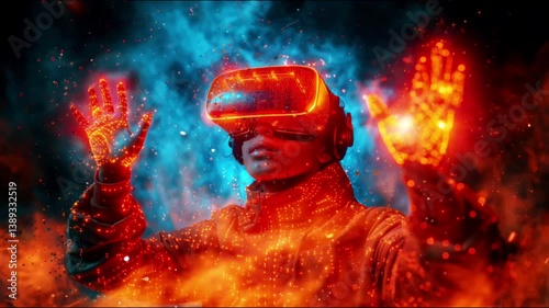 A person wearing a virtual reality headset interacts with a digital environment. The scene is immersed in a vibrant array of colors, creating a cosmic, dream-like atmosphere