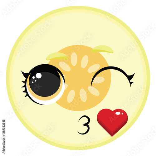 Winking melon slice with heart and kiss symbol, ideal for romantic food designs, kids products, and fun summer-themed collections