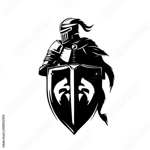 Medieval Knight Logo with Sword and Shield – Black and White Warrior Illustration