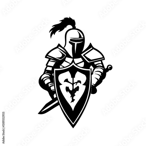 Medieval Knight Logo with Sword and Shield – Black and White Warrior Illustration