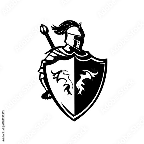 Medieval Knight Logo with Sword and Shield – Black and White Warrior Illustration