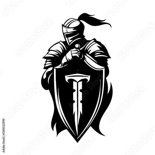 Medieval Knight Logo with Sword and Shield – Black and White Warrior Illustration