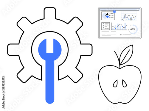 Gear with wrench symbolizing maintenance, data analytics on a dashboard highlighting insights, and an apple representing health. Ideal for technology, wellness, repair, productivity, analytics