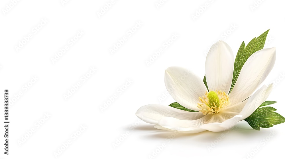 Elegant white flower with yellow center and green leaves on white background, with subtle shadow Elegant white flower with yellow center and green leaves on white background, with subtle shadow