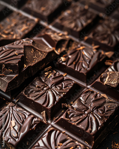 A close up of a chocolate bar with a flower design on it. The chocolate is cut into squares and he is very rich and delicious