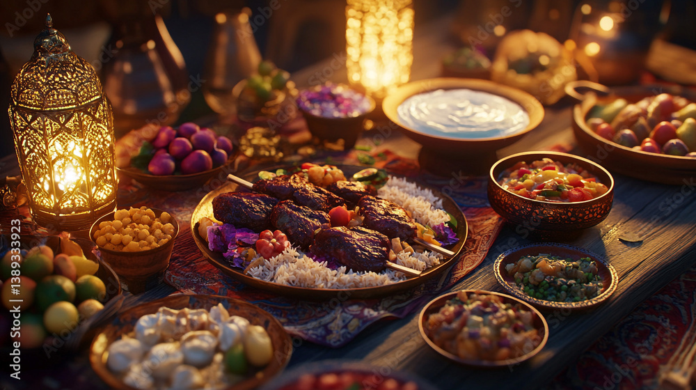 An artistic portrayal of an Eid al-Adha feast staged on a wooden table, with ornate lanterns casting warm glows over a spread of traditional foods. An artistic portrayal of an Eid al-Adha feast staged on a wooden table, with ornate lanterns casting warm glows over a spread of traditional foods.