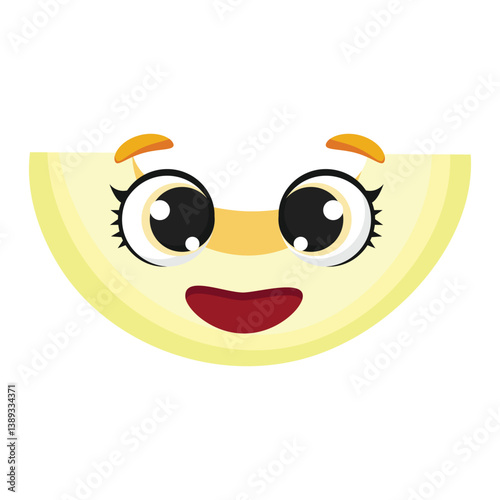 Smiling melon slice with cute eyes and joyful expression, perfect for kids designs, packaging, food themes and playful creative projects