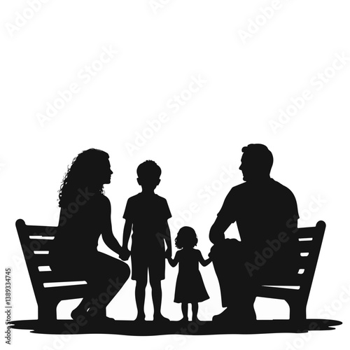 Family silhouette enjoying time together on a bench  