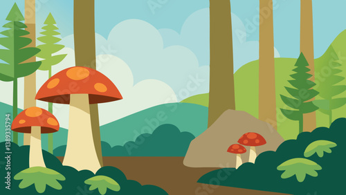 Mushrooms Growing in a Peaceful Forest Scene with Trees and Plants Background Nature Inspired Graphic Illustration Suitable for Botanical and Fantasy Themed Designs