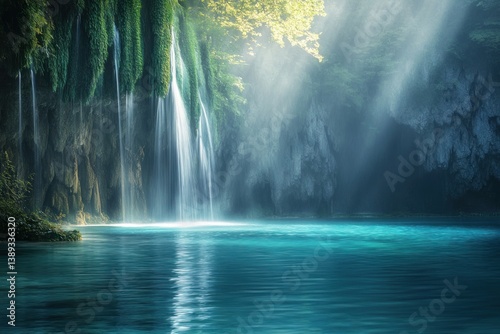 Beautiful cascading waterfalls flow into a pristine turquoise colored lake